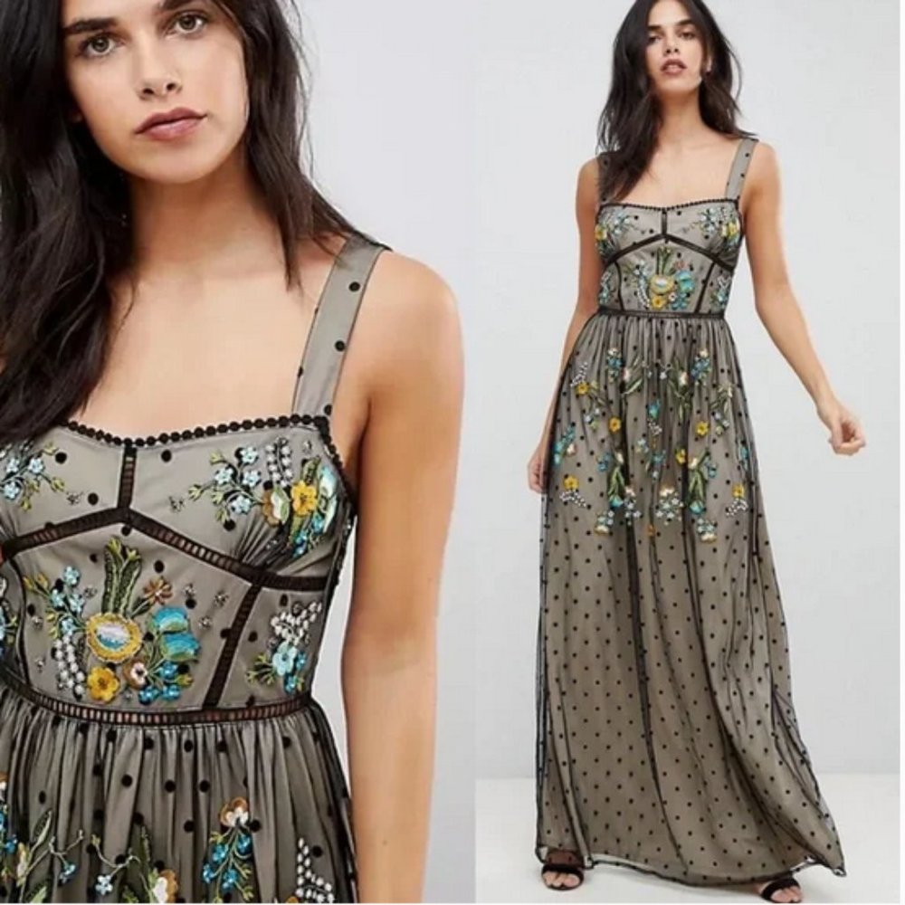 Frock And Frill Premium Folk Embroidered Beaded Polka Dot Mesh Maxi Dress NEW